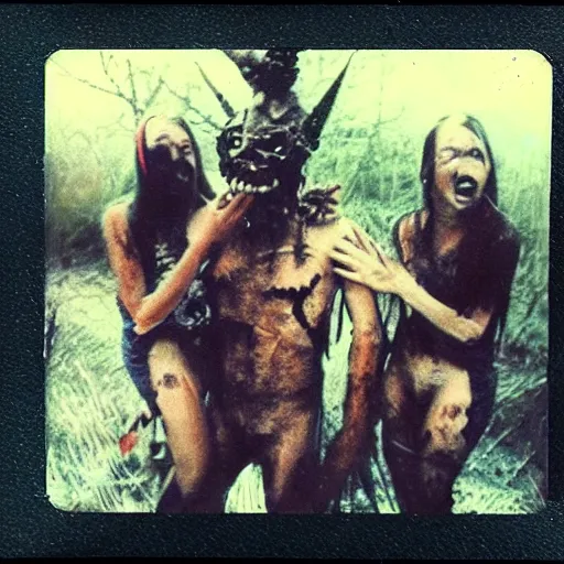 Prompt: unreal horror, aftermath of a demonic ritual, polaroid pic by realistic horrors