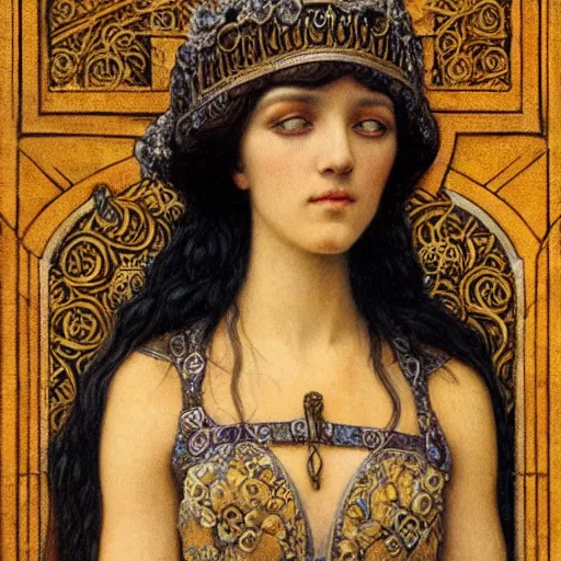 Image similar to detailed realistic half body portrait of a beautiful young medieval queen by jean delville, art nouveau, symbolist, visionary, gothic, horizontal symmetry, opulent gown, ornate jewels