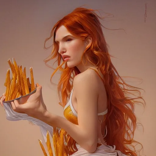 Prompt: ultra realistic illustration, bella thorne as french fries, intricate, elegant, highly detailed, digital painting, artstation, concept art, smooth, sharp focus, illustration, art by artgerm and greg rutkowski and alphonse mucha