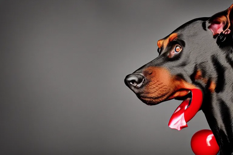 Image similar to side profile profile of a snarling doberman wearing clown makeup and a red rubber nose, 4 k, hdr color