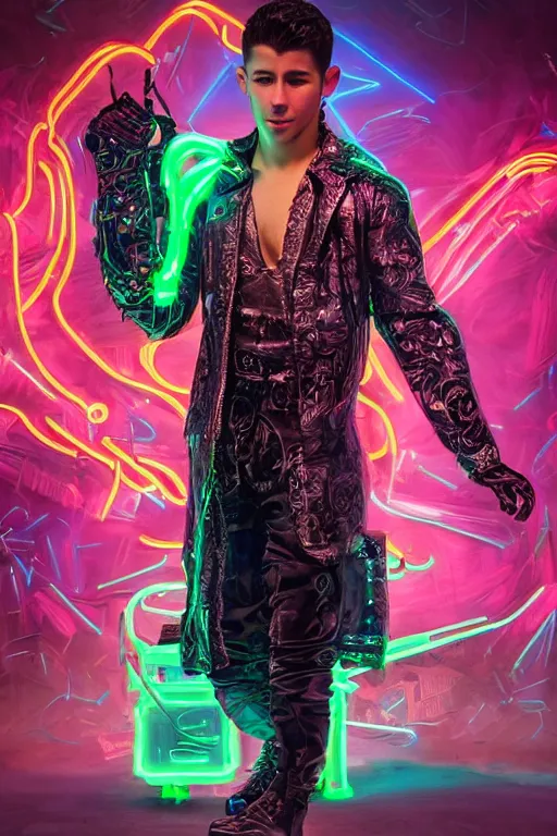 Image similar to full-body bladerunner neon rococo style sculpture of a handsome Spanish Nick Jonas as a half cibernetic android with a chest opening exposing circuitry and electric sparks, glowing laser beam eyes, crown of giant diamonds, flowing neon-colored silk, fabric, raptors. intricate artwork by caravaggio. Trending on artstation, industrial lighting , photorealistic, octane render, 8k, depth of field, 3D