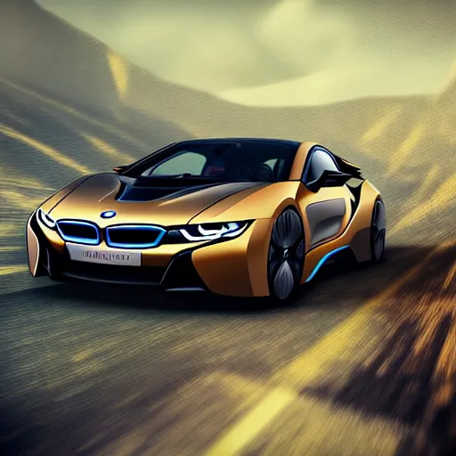 Image similar to bmw i 8 poster like borderlands style, digital art in the style of greg rutkowski and craig mullins, 4 k