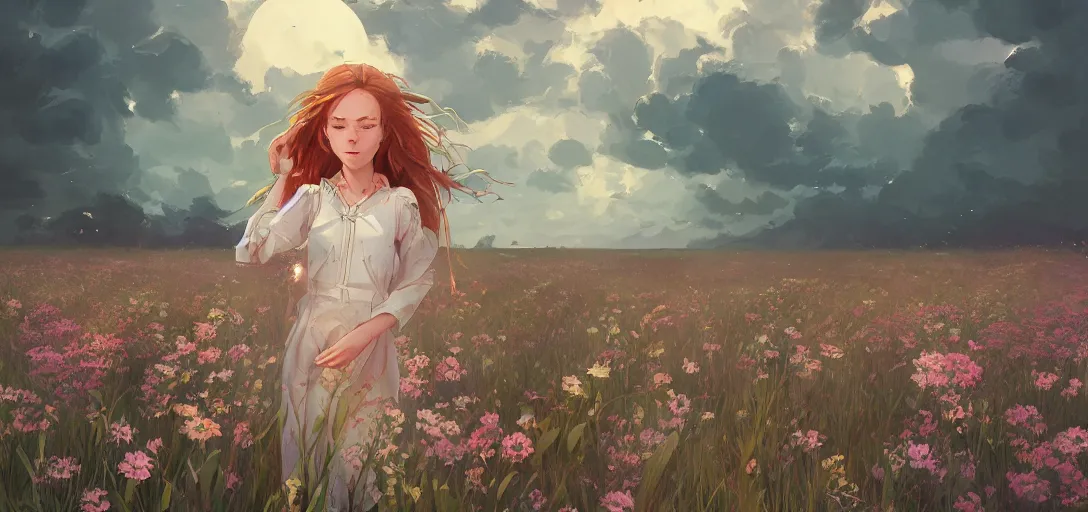 Image similar to a beautiful southern woman named Savannah, innocent, sad turquoise eyes, freckles, long ginger hair tied with white ribbon, relaxed in a field of flowers on a farm, gentle lighting, storm in the distance, somber, western clothing, dress, digital art by Makoto Shinkai ilya kuvshinov and Wojtek Fus, digital art, concept art,