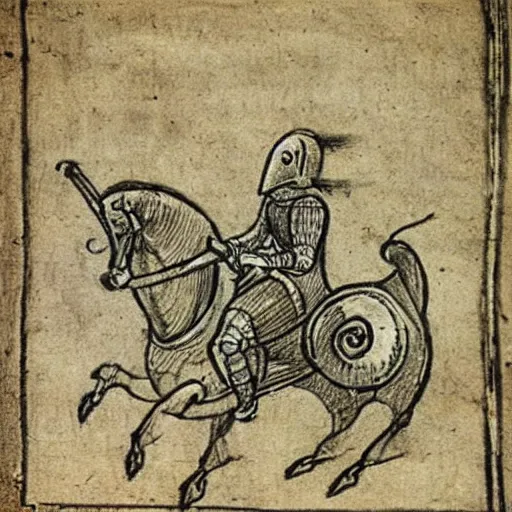 Image similar to medieval drawing of a Knight riding a snail