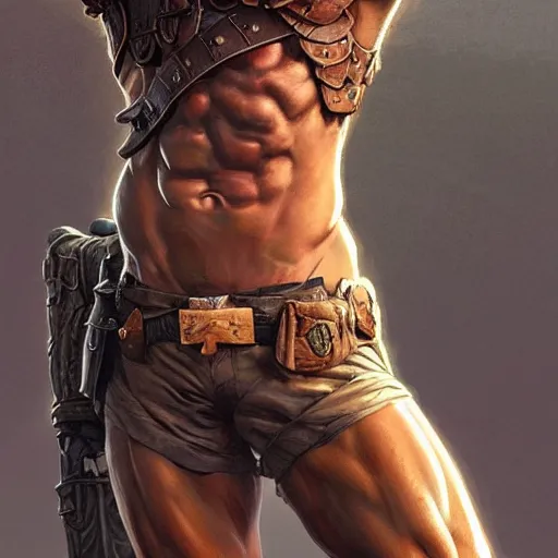 Image similar to rugged ranger’s thighs, handsome, lower body, cropped armor, muscular, bare torso, closeup, D&D, fantasy, intricate, elegant, highly detailed, digital painting, artstation, concept art, matte, sharp focus, illustration, art by Artgerm and Greg Rutkowski and Alphonse Mucha