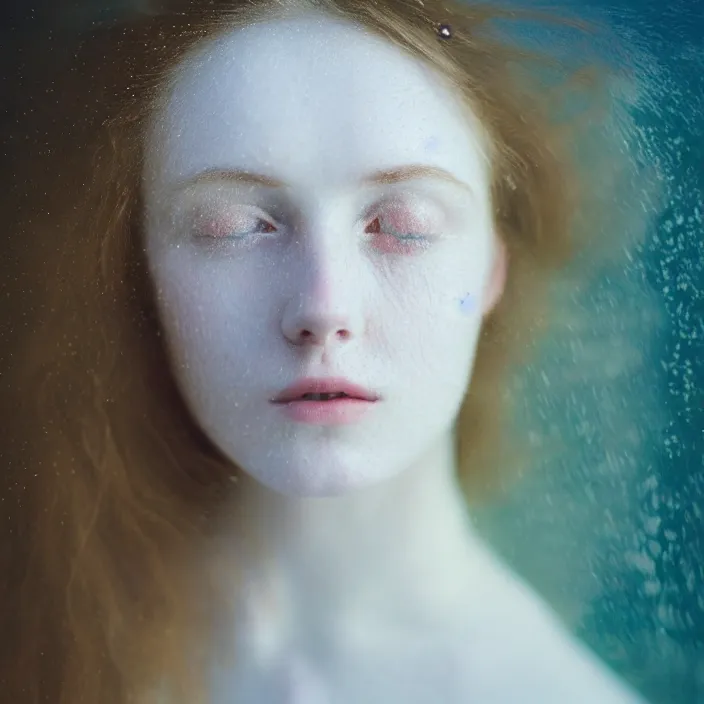 Image similar to Kodak Portra 400, 8K,ARTSTATION, Caroline Gariba, soft light, volumetric lighting, highly detailed, britt marling style 3/4 , extreme Close-up portrait photography of a beautiful woman how pre-Raphaelites,inspired by Ophelia paint, the face emerges from water of Pamukkale, underwater face, hair are intricate with highly detailed realistic beautiful flowers , Realistic, Refined, Highly Detailed, interstellar outdoor soft pastel lighting colors scheme, outdoor fine art photography, Hyper realistic, photo realistic