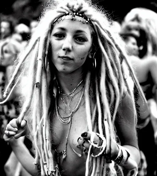 Prompt: portrait of a stunningly beautiful hippie woman with blonde dreadlocks dancing at a music festival, by bruce davidson