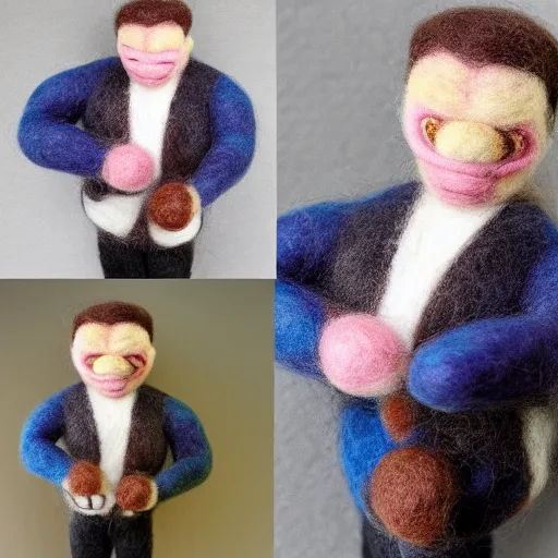 Image similar to a needle felted arnold schwarzenegger, needle felting art.