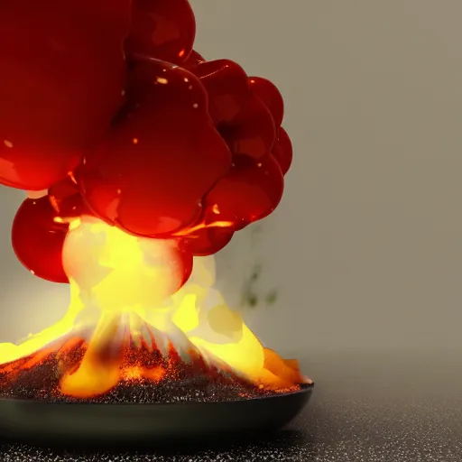 Image similar to cherry just after it explodes, octane render, ue 5 render, detailed fire, detailed explosion, white background