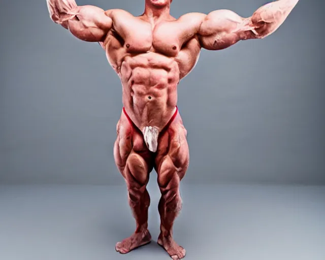 Image similar to human birthday cake hybrid, muscular arms, studio photography, humanoid cake