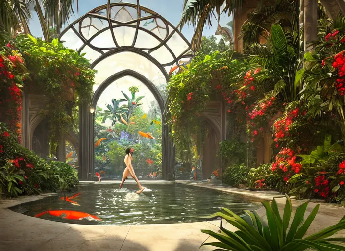 Image similar to ultra realistic, artstation, concept art, by artgerm and greg rutkowski and alphonse mucha and wlop cathedral interior with koi pond in the middle surrounded by palm trees, ivy, flowers, tropical plants, roses, and with archways. rendered in octane render with photorealistic lighting