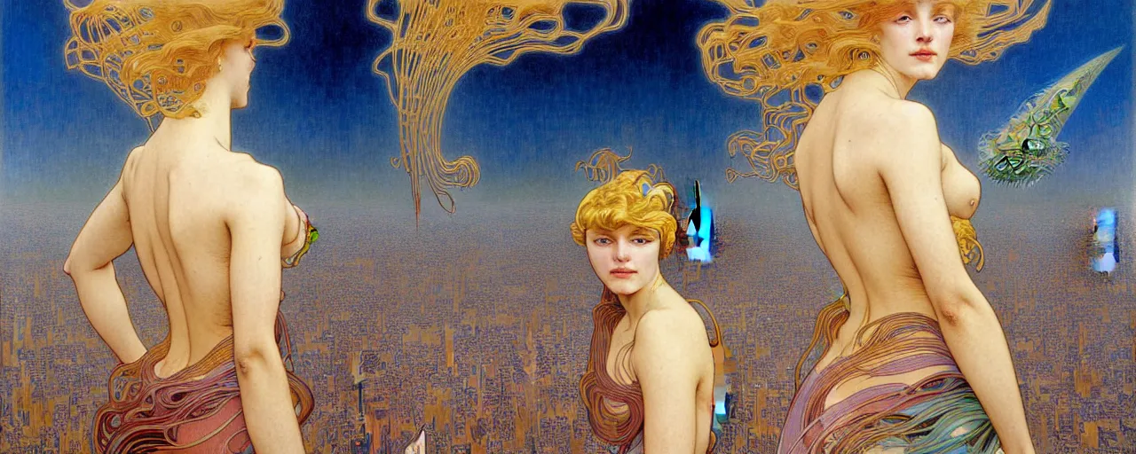 Image similar to realistic extremely detailed full length portrait painting of a girl with blond hair in a crowded modern alien city street by Jean Delville, Amano, Yves Tanguy, Alphonse Mucha, Ernst Haeckel, Edward Robert Hughes, Roger Dean, rich moody colours, blue eyes