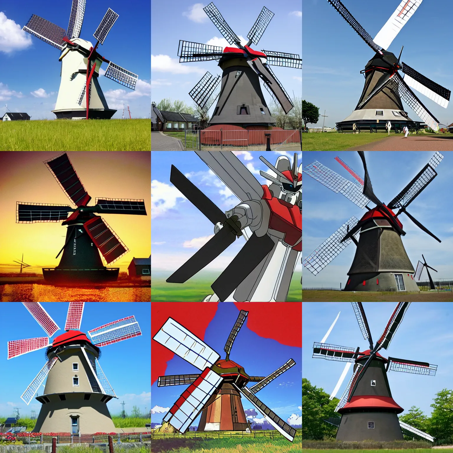 Prompt: gundam as dutch windmill in anime, gundam is windmill shaped, dutch windmill gundam