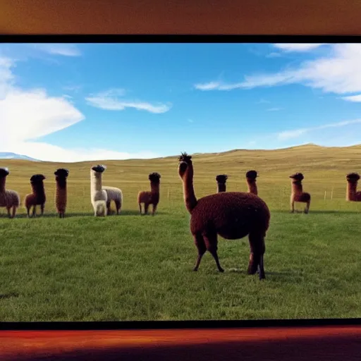 Prompt: <photograph accurate=true quality=very-high>looking out the window at a serene meadow</photograph><photobomb>alpaca</photobomb><photobomb>UFO spaceship</photobomb>