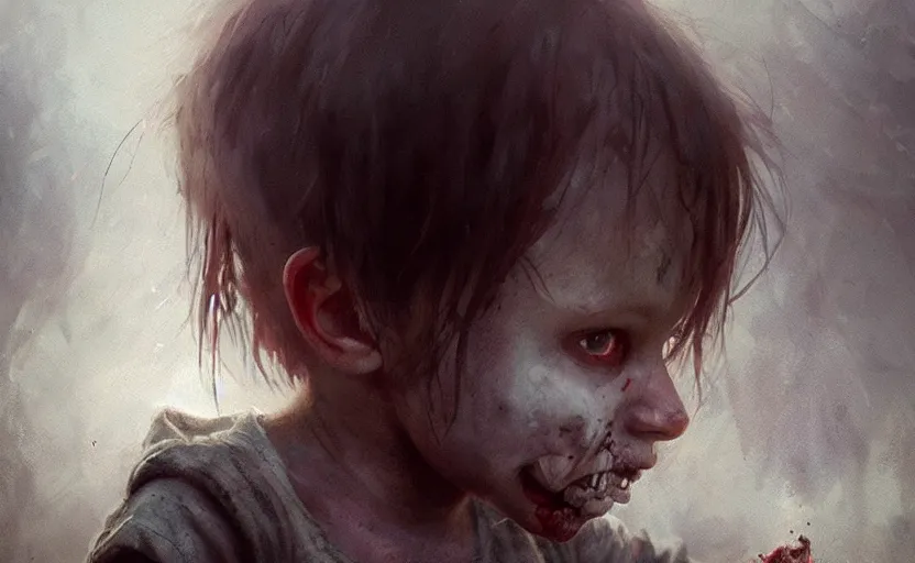 Image similar to a beautiful photo zombie kid, hyper realistic, natural light, concept art, by greg rutkowski, cozy atmospheric and cinematic lighting