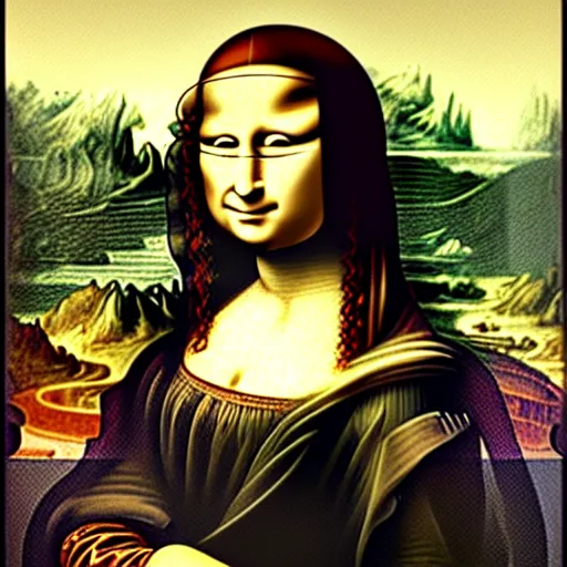 Prompt: mona lisa wearing a astronaut helmeted suit. painted by leonardo davinci