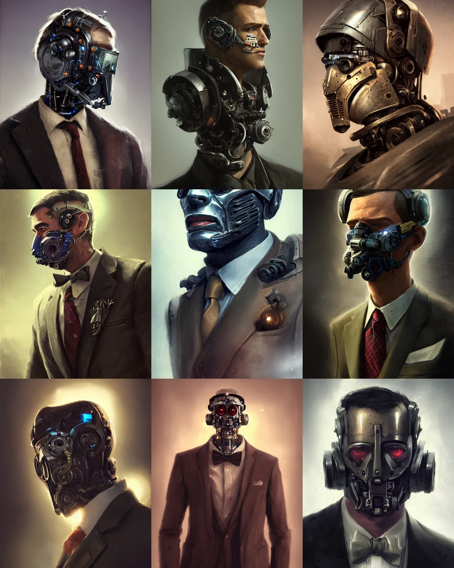 Image similar to a rugged young engineer man with cybernetic enhancements wearing a suit and bowtie, detailed face with mask, scifi character portrait by greg rutkowski, esuthio, craig mullins, 1 / 4 headshot, cinematic lighting, dystopian scifi gear, gloomy, profile picture, mechanical, half robot, implants, steampunk