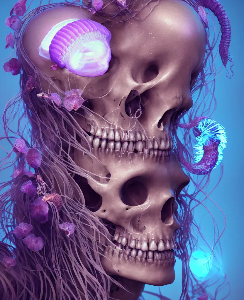 Image similar to goddess close - up portrait human skeleton, ram skull, jellyfish, orchid, betta fish, bioluminiscent, intricate artwork by tooth wu and wlop and beeple. octane render, trending on artstation, greg rutkowski very coherent symmetrical artwork. cinematic, hyper realism, high detail, octane render, 8 k