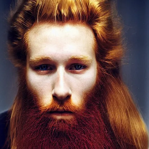 Image similar to 8k portrait photograph of 20 year old man named Carter Manson with long blond hair and red beard. Arnold Newman. Dramatic.