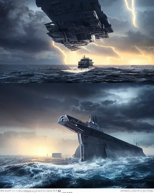 Image similar to scifi action scene of a fishing boat on stormy seas, a gigantic star destroyer spaceship flying overhead, the gigantic star destroyer spaceship is emerging from storm clouds, sunset lighting, stormy weather, dramatic lighting, unreal engine, hyper realism, realistic shading, cinematic composition, realistic render, octane render, detailed textures, photorealistic, ultrawide shot, 1 6 mm lens