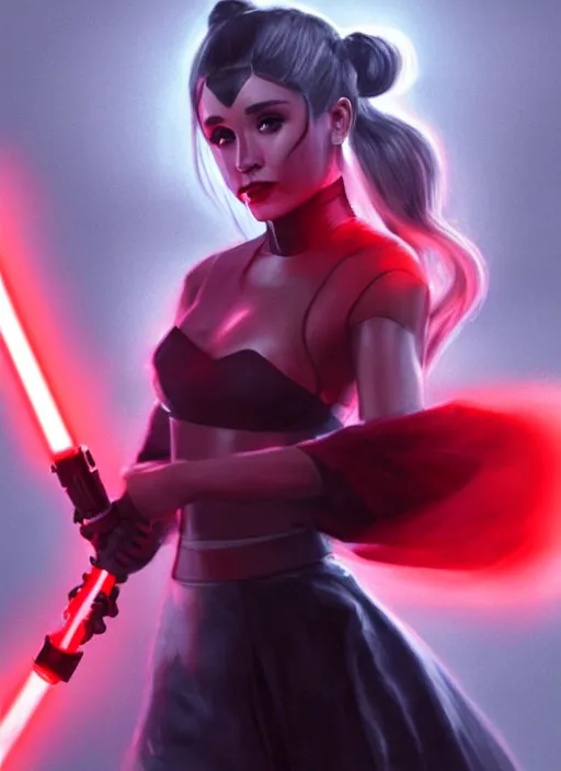 Prompt: Photo of Sith Ariana Grande with two red light saber in each hand, Star Wars concept art, trending on artstation, dramatic lighting, photo-realistic