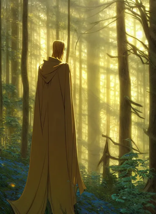 Prompt: slender young man with shoulder length shiny and sparkling golden blond hair, from behind, wearing a travelling cloak, lost in a forest, natural lighting, path traced, highly detailed, high quality, digital painting, by don bluth and ross tran and studio ghibli and alphonse mucha, artgerm