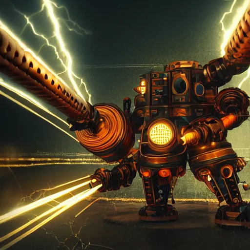 Image similar to big mech summoning lightning with its electricity coil arm, 3 d render, unity, steampunk, cyberpunk, plain background, extremely detailed, intense, epic, cinematic lighting, copper, pipes, metal, rusty, glowing electric, reflective, hdr,