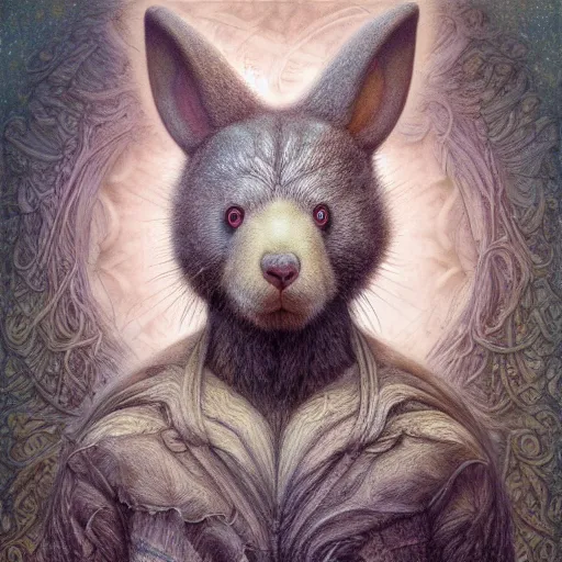 Image similar to histological bear rabbit hybrid character portrait by jean delville, tom bagshaw, brooke shaden, gustave dore and marco mazzoni, studio ghibli style, porcelain, organic, detailed fur, intricate details