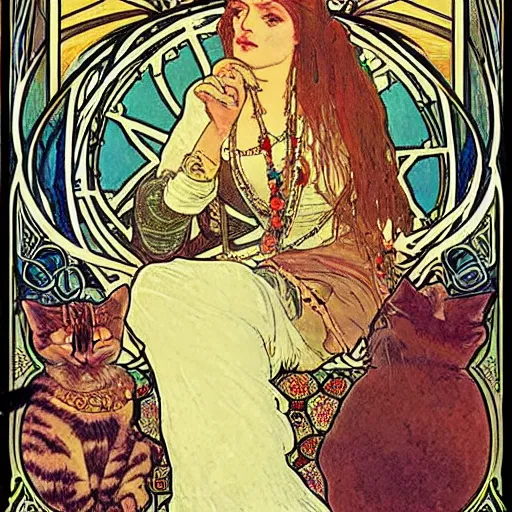 Image similar to a posters of Gypsy lady doing tarot card reading inside a gypsy caravan surrounded by cats in art nouveau from 1878, Alphonse Mucha, decorative panels, old paper, soft colors