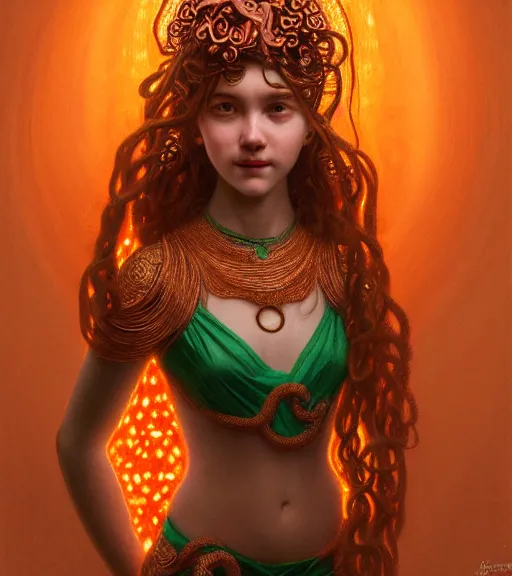 Prompt: portrait of teenage medusa, snake hair, naughty smile, wearing an embroidered orange tunic, intricate, elegant, copper and emerald jewelry, glowing lights, highly detailed, digital painting, artstation, concept art, smooth, sharp focus, seductive, illustration, art by wlop, mucha, artgerm, and greg rutkowski