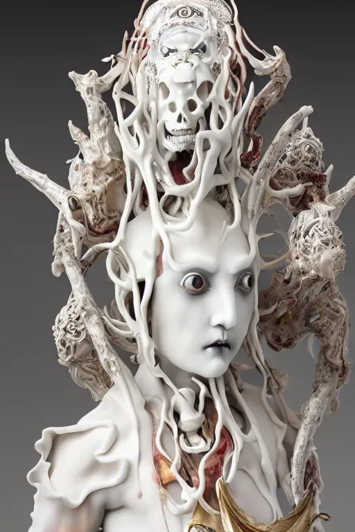 Image similar to white porcelain statue of boned matte sacred demon goddess, sculpture with metallic polished intricated surface, dressed with a colorful torn silk cloak and chrome ornaments, made by antonio corradini, and dug stanat macabre art, dark surrealism, epic and cinematic view, volummetric light, texturized, detailed, 8 k