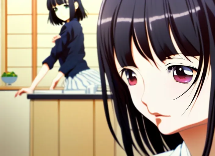 Image similar to anime visual portrait of a young japanese woman looking around the kitchen, cute face by ilya kuvshinov, yoshinari yoh, makoto shinkai, katsura masakazu, dynamic perspective pose, detailed facial features, kyoani, rounded eyes, crisp and sharp, cel shad, anime poster, ambient light, cinematic film