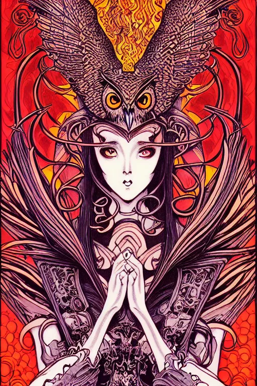 Image similar to illustration of a fire breathing woman with the head of an owl, intricate linework, in the style of moebius, ayami kojima, 1 9 9 0's anime, retro fantasy