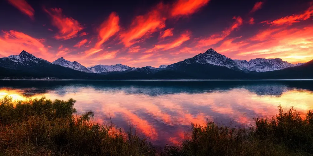 Prompt: photo of a sunset on a lake with mountains in the background, landscape, beautiful, elegant, award winning photograph, highly detailed, high resolution photo, trending on artstation, 4 k