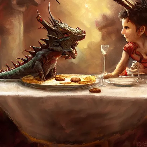 Prompt: a small fierce dragon on a tavern table hoarding a plate of cookies, fantasy, sharp detail, trending on artstation, digital painting by ralph horsley and greg rutkowski
