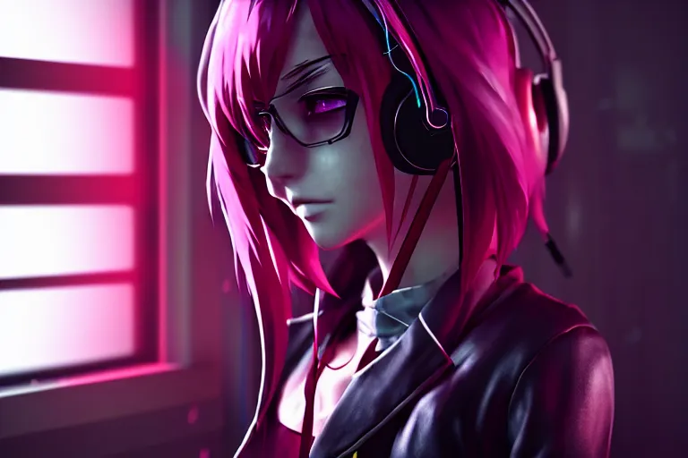 Prompt: a girl with headphones is looking at a rainy window in the style of a code vein character creation, cyberpunk art by Yuumei, cg society contest winner, rayonism light effects and bokeh, daz3d, vaporwave, deviantart hd , the secret world