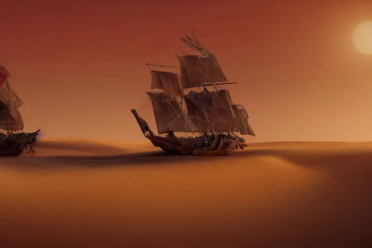 Image similar to a large ancient red pirate ship sailing the dunes in a vast arabian desert, by rutkowski, fantasy still movie, highly detailed, photorealistic, digital art, matte painting, hd illustration, trending on artstation