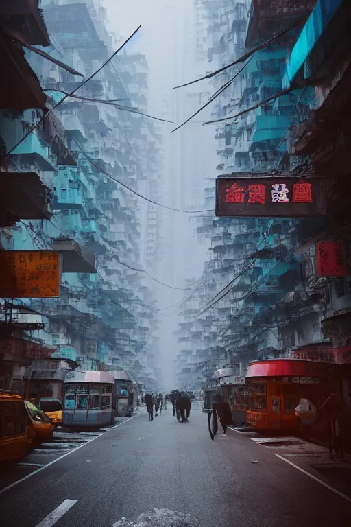 Image similar to nuclear winter, street of hong kong, near future, fantasy, sci - fi, hyper realistic, serene, morning.