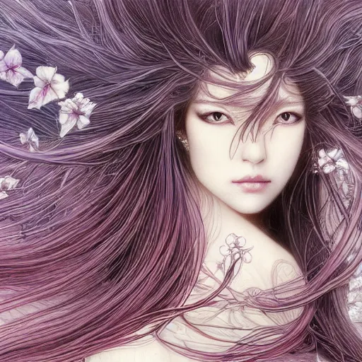 Prompt: a beautiful fantasy woman with long flowing hair by Yoshitaka Amano, intricate background, paint