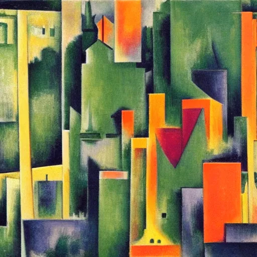 Image similar to forest green funereal by andre lhote. collage. a cityscape. the different colors & shapes represent different parts of the city.