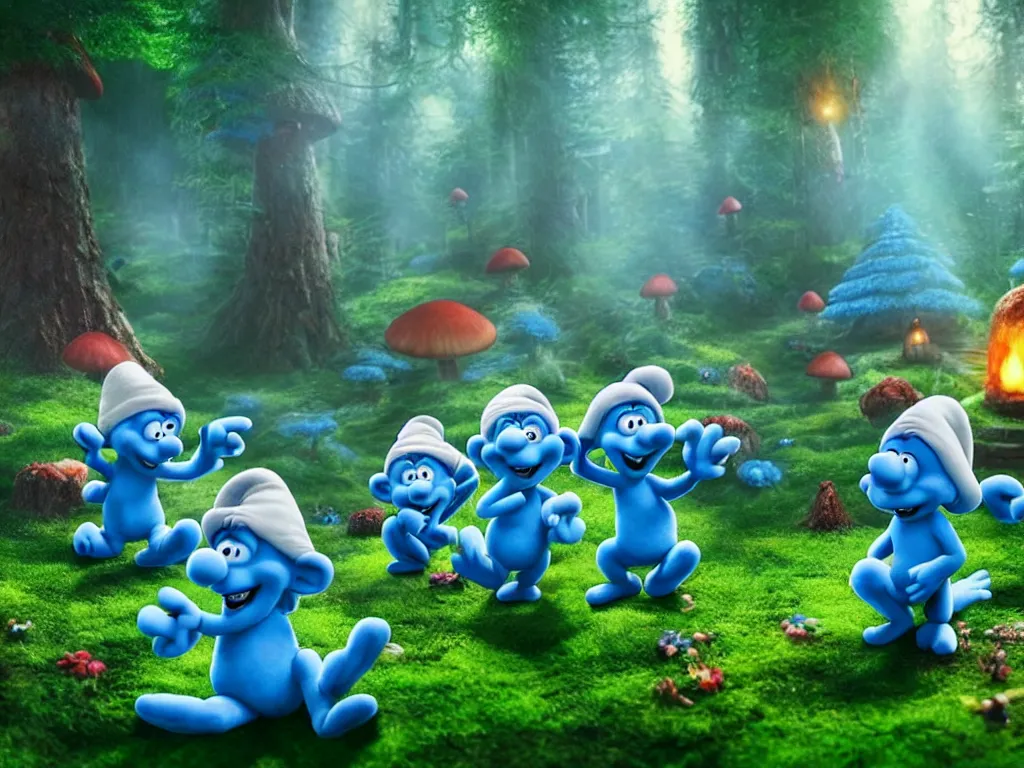 Image similar to smurfs partying in the enchanted forest in their magic mushroom town, photorealistic painting, cgi, low volumetric light, movie still, very cute and cozy and fluffy and sweet