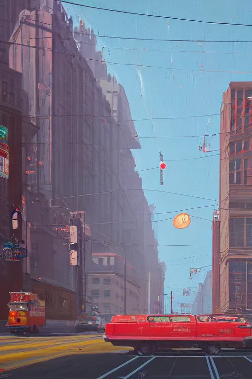 Image similar to Market Street, San Francisco; oil on canvas by Klaus Bürgle and Imperial Boy and Simon Stålenhag;