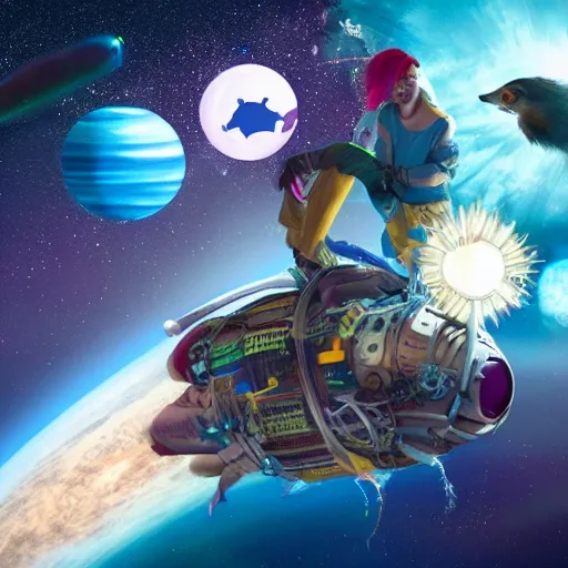 Prompt: photorealistic picture of a futuristic pirate in outer space riding a cyberpunk guinea pig