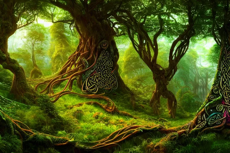 Image similar to a beautiful and highly detailed digital painting of a celtic elven tree in a lush forest, psychedelic patterns, celtic, intricate details, epic scale, 8 k, sharp focus, photorealism, artstation, cgsociety, by caspar friedrich, albert bierstadt, james gurney, brian froud,