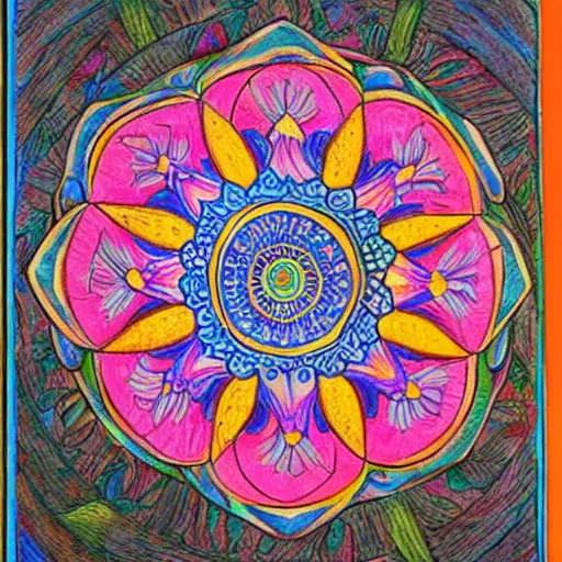 Image similar to a colorful mandala drawn on an ancient tome page