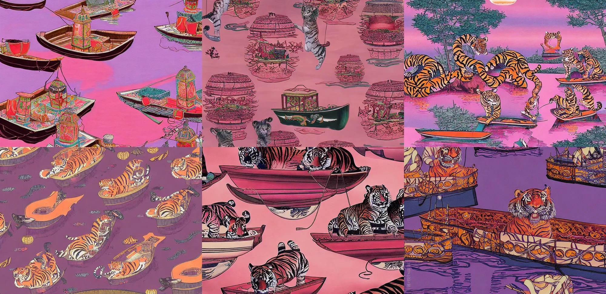 Prompt: tigers retro boats on river asian lanterns pink hues, surrealism, ornate, oriental