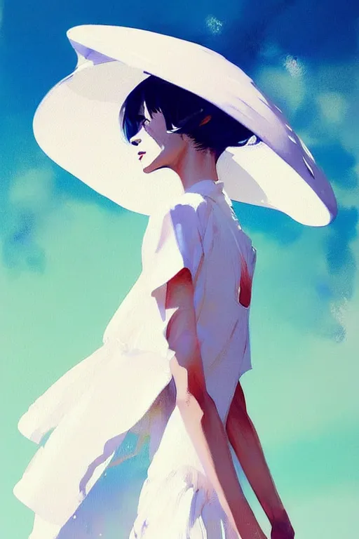 Image similar to a ultradetailed beautiful painting of a stylish woman wearing a white dress with a sun hat, by conrad roset, greg rutkowski and makoto shinkai trending on artstation