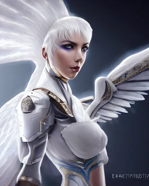 Image similar to perfect white haired attractive egyptian goddess with huge white dove wings, warframe armor, beautiful, symmetric, charlize theron, half asian, pretty face, blue eyes, cyborg, scifi platform, laboratory, experiment, 4 k, ultra realistic, epic lighting, android body, illuminated, cinematic, masterpiece, art by akihito tsukushi, voidstar