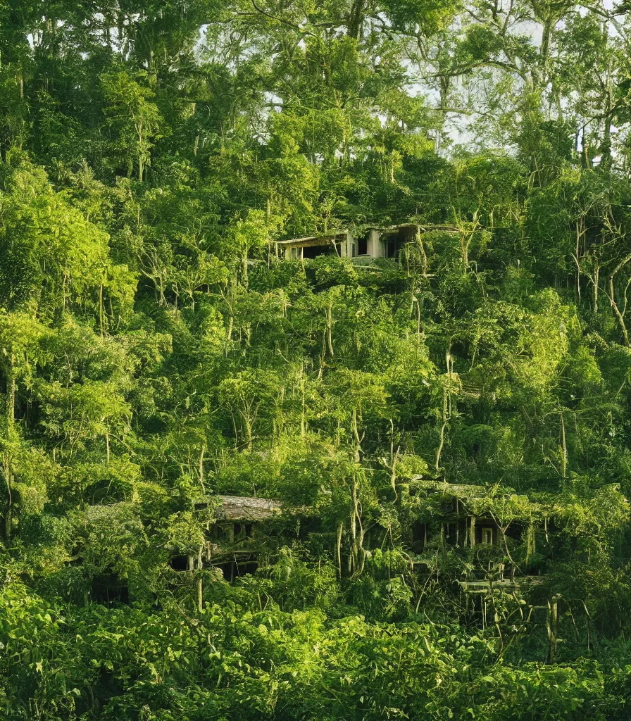 Image similar to a house made of rampant vine growth, in a clearing in the middle of a vine forest, dappled sunlight, 35mm photography, in the style of david chipperfield and gregory crewdson