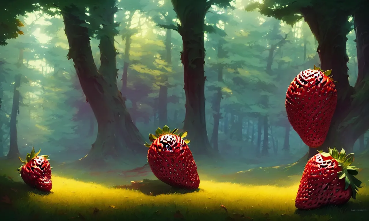 Prompt: Dark forest a large strawberry in the foreground, behance hd by Jesper Ejsing, by RHADS, Makoto Shinkai and Lois van baarle, ilya kuvshinov, rossdraws global illumination